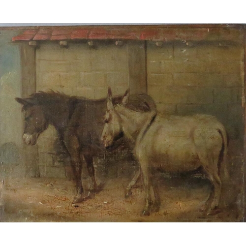 59 - (XVIII). A study of two donkeys in a stable yard, indistinctly signed and dated 1795 lower left, 17 ... 