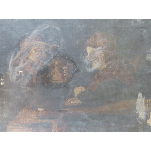 6 - (XIX). Continental school, an inn interior scene with two figures drinking at a table, unsigned, oil... 