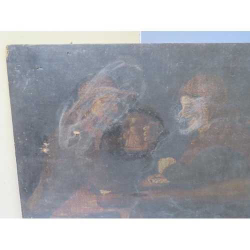 6 - (XIX). Continental school, an inn interior scene with two figures drinking at a table, unsigned, oil... 