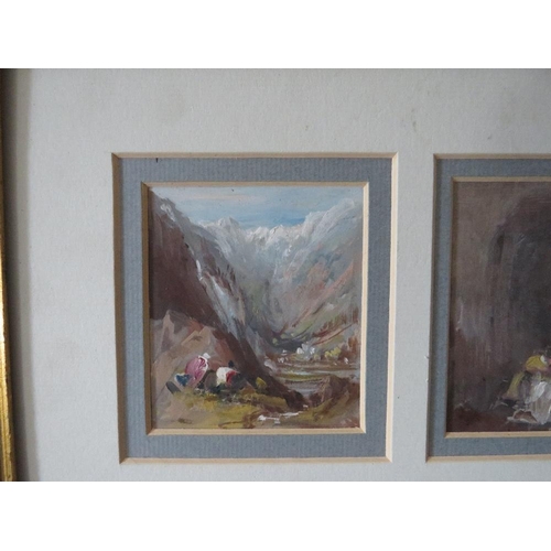 60 - (XIX). A set of three pictures in one frame, an impressionist mountainous river landscape with figur... 