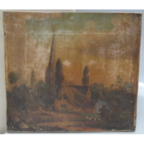 62 - (XIX). A wooded village scene, unsigned, oil on canvas, unframed, relined, 19 x 21 cm