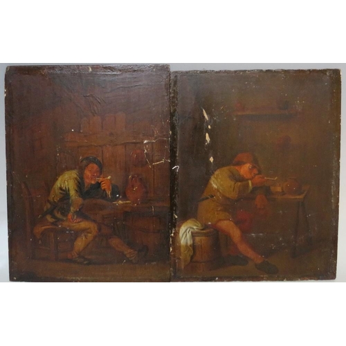 63 - (XVIII-XIX). Continental school, a pair of inn interior scenes with figures smoking and drinking, un... 