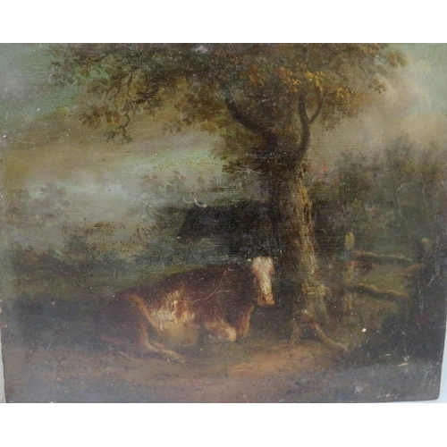 64 - (XIX). Continental scene, a stormy wooded landscape with cows resting under a tree, unsigned, oil on... 