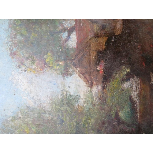 66 - (XIX). An impressionist wooded river landscape with building, unsigned, oil on panel, unframed, 25 x... 