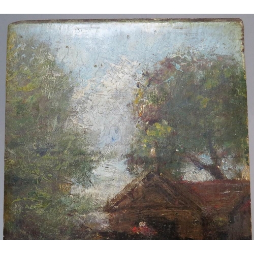 66 - (XIX). An impressionist wooded river landscape with building, unsigned, oil on panel, unframed, 25 x... 