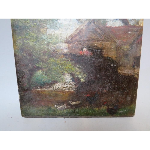 66 - (XIX). An impressionist wooded river landscape with building, unsigned, oil on panel, unframed, 25 x... 