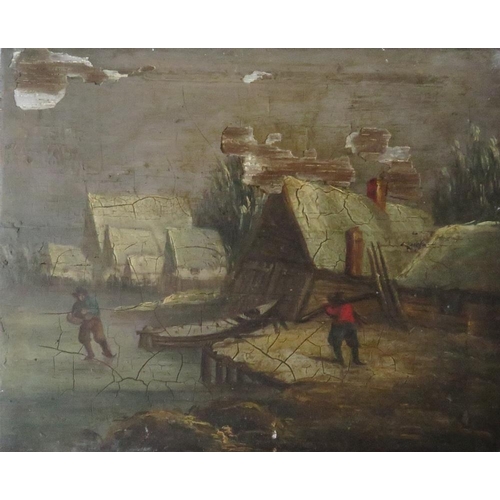 67 - (XVIII-XIX). Continental school, a frozen river landscape with figures, boat and buildings, unsigned... 