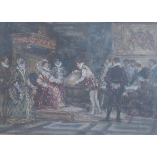 72 - ATTRIBUTED TO FRANK MOSS BENNETT (1874-1953). An interior scene with figures before Queen Elizabeth ... 