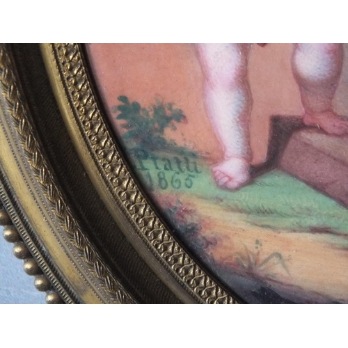 295 - J. PIATTI (XIX). Cherubs around a Roman bust, signed lower left and dated 1865, oval painted on enam... 