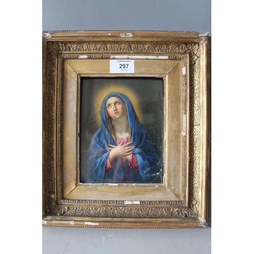 297 - A 19TH CENTURY CONTINENTAL PORCELAIN PLAQUE DEPICTING A RELIGIOUS FIGURE, in a blue hooded gown, gil... 