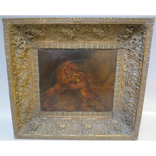 35 - (XVIII / XIX).  A study of a lion and tiger fighting, unsigned, oil on canvas laid on board, framed,... 