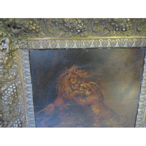 35 - (XVIII / XIX).  A study of a lion and tiger fighting, unsigned, oil on canvas laid on board, framed,... 