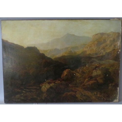 102 - (XIX). A Welsh mountainous rocky river landscape, see verso, unsigned, oil on canvas, unframed, 43 x... 