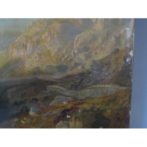 102 - (XIX). A Welsh mountainous rocky river landscape, see verso, unsigned, oil on canvas, unframed, 43 x... 