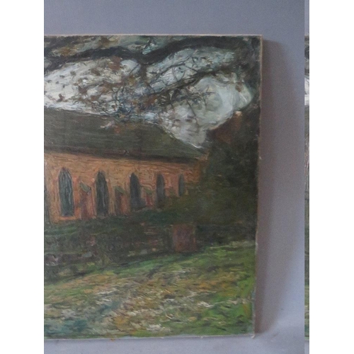 104 - CAMILLE ???? (XIX). An impressionist stormy rural scene with figures at a church door, signed and in... 