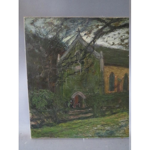 104 - CAMILLE ???? (XIX). An impressionist stormy rural scene with figures at a church door, signed and in... 