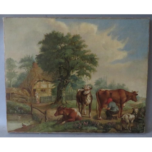 105 - (XVIII-XIX). A rural scene with figure milking a cow, other cattle, goat, ducks on pond and figure a... 