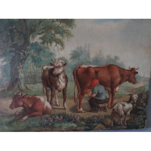 105 - (XVIII-XIX). A rural scene with figure milking a cow, other cattle, goat, ducks on pond and figure a... 