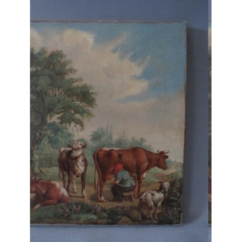 105 - (XVIII-XIX). A rural scene with figure milking a cow, other cattle, goat, ducks on pond and figure a... 