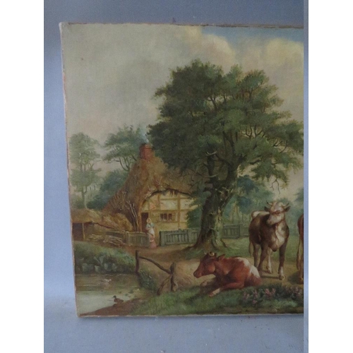 105 - (XVIII-XIX). A rural scene with figure milking a cow, other cattle, goat, ducks on pond and figure a... 