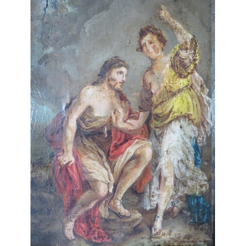 109 - (XVIII-XIX). A study of two figures on classical dress with landscape beyond, unsigned, oil on canva... 