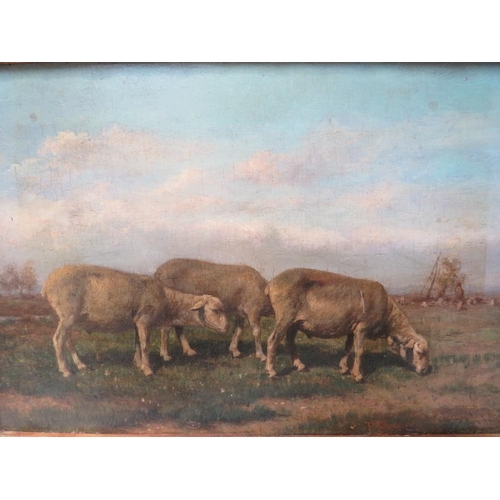 11 - (XIX). A landscape with sheep grazing, unsigned, oil on panel, framed, 19 x 27 cm