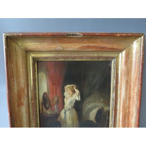 114 - (XIX). A boudoir scene with young woman looking in a dressing table mirror, unsigned, oil on panel, ... 