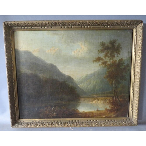 115 - (XIX). A mountainous wooded lake scene with figures, unsigned, oil on canvas, laid on board, framed,... 