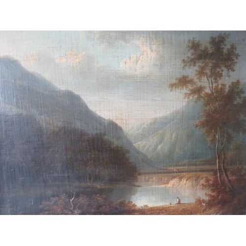 115 - (XIX). A mountainous wooded lake scene with figures, unsigned, oil on canvas, laid on board, framed,... 