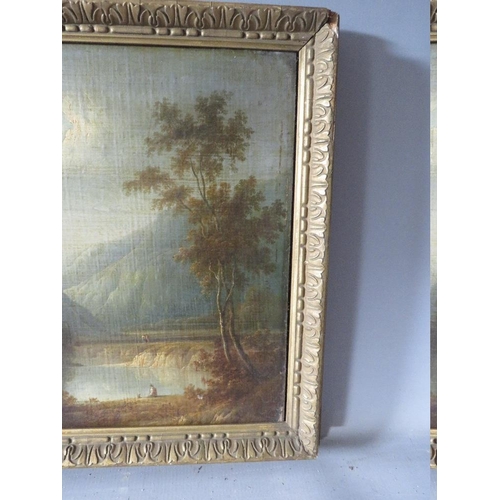 115 - (XIX). A mountainous wooded lake scene with figures, unsigned, oil on canvas, laid on board, framed,... 