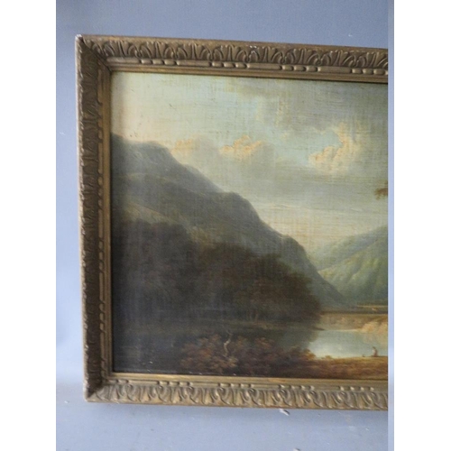 115 - (XIX). A mountainous wooded lake scene with figures, unsigned, oil on canvas, laid on board, framed,... 