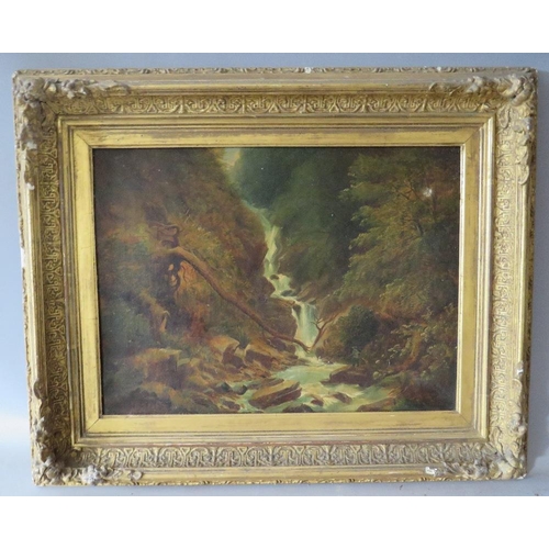 116 - (XIX). A wooded rocky river scene with angler fishing before a waterfall, unsigned, oil on canvas, f... 