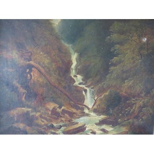 116 - (XIX). A wooded rocky river scene with angler fishing before a waterfall, unsigned, oil on canvas, f... 