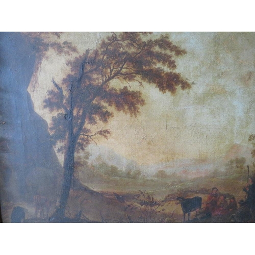 117 - (XVIII-XIX). A wooded landscape with figures, cattle and sheep resting, unsigned, oil on canvas, fra... 