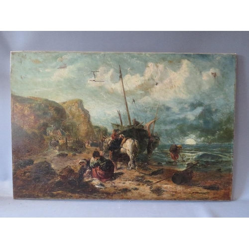 123 - UNDERHILL (XIX). A stormy coastal scene with horses and carts, beached fishing boats and figures unl... 