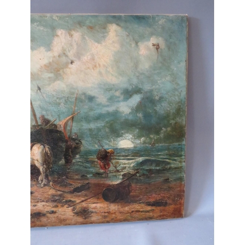 123 - UNDERHILL (XIX). A stormy coastal scene with horses and carts, beached fishing boats and figures unl... 