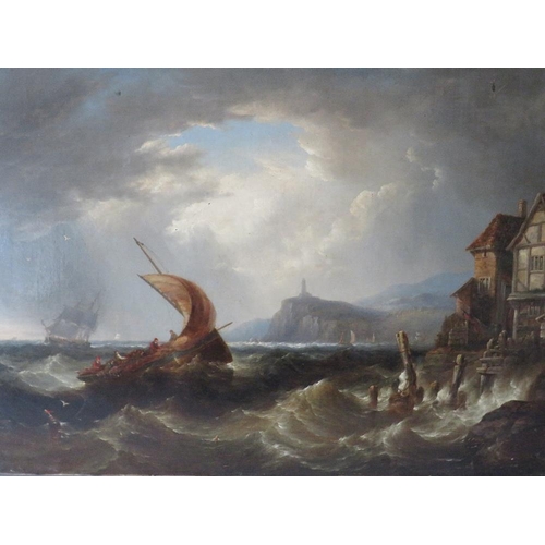 125 - (XIX). A stormy coastal village scene with figures and sailing vessels in a heavy swell, unsigned, o... 