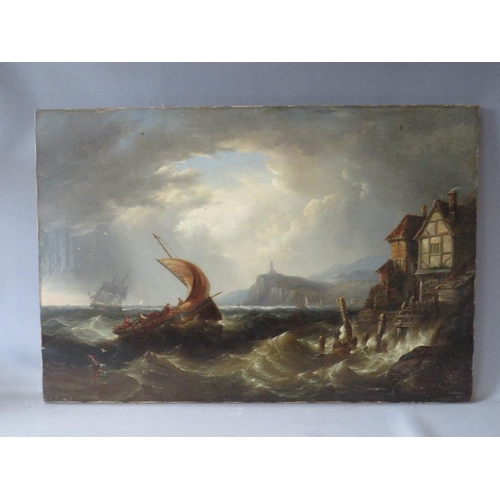 125 - (XIX). A stormy coastal village scene with figures and sailing vessels in a heavy swell, unsigned, o... 