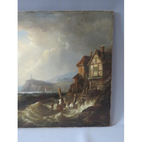 125 - (XIX). A stormy coastal village scene with figures and sailing vessels in a heavy swell, unsigned, o... 