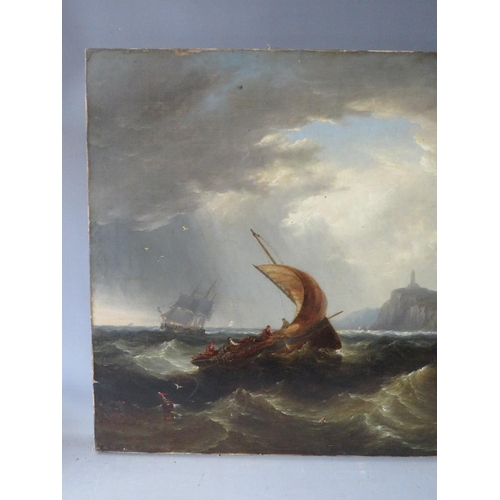 125 - (XIX). A stormy coastal village scene with figures and sailing vessels in a heavy swell, unsigned, o... 