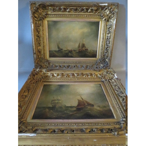 13 - (XIX). A pair of stormy seascapes with sailing vessels and figures in a heavy swell, unsigned, oils ... 