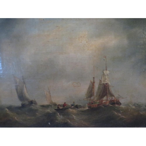 13 - (XIX). A pair of stormy seascapes with sailing vessels and figures in a heavy swell, unsigned, oils ... 