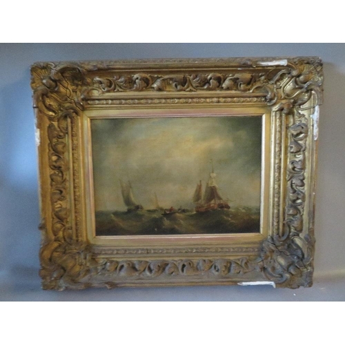 13 - (XIX). A pair of stormy seascapes with sailing vessels and figures in a heavy swell, unsigned, oils ... 