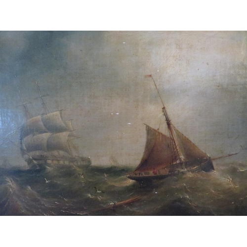 13 - (XIX). A pair of stormy seascapes with sailing vessels and figures in a heavy swell, unsigned, oils ... 