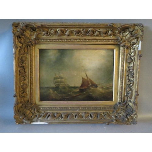 13 - (XIX). A pair of stormy seascapes with sailing vessels and figures in a heavy swell, unsigned, oils ... 