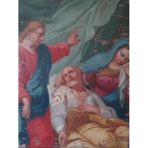 132 - (XVIII-XIX). A religious study with Jesus telling man to rise from his sick bed, unsigned, oil on ca... 