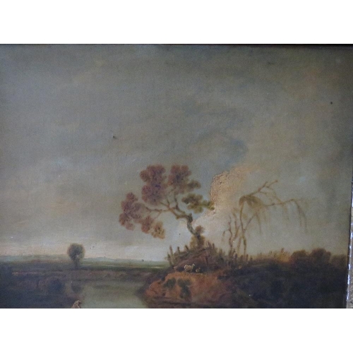 138 - (XIX). Continental school, a stormy wooded river landscape with figures and sheep, unsigned, oil on ... 