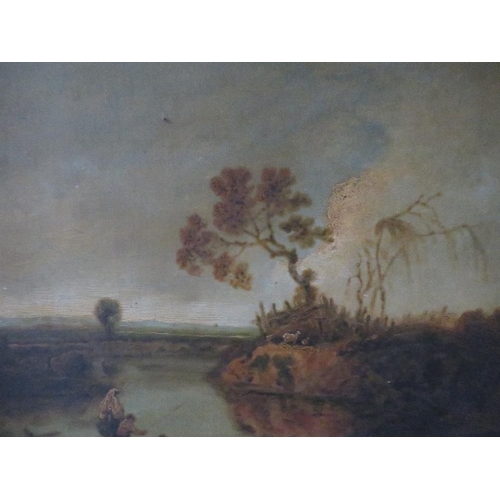 138 - (XIX). Continental school, a stormy wooded river landscape with figures and sheep, unsigned, oil on ... 