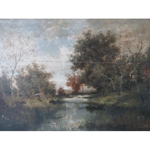 142 - (XIX). A stormy wooded river landscape with figure in rowing boat, unsigned, oil on panel, framed, p... 