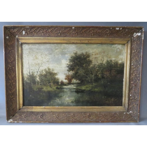 142 - (XIX). A stormy wooded river landscape with figure in rowing boat, unsigned, oil on panel, framed, p... 